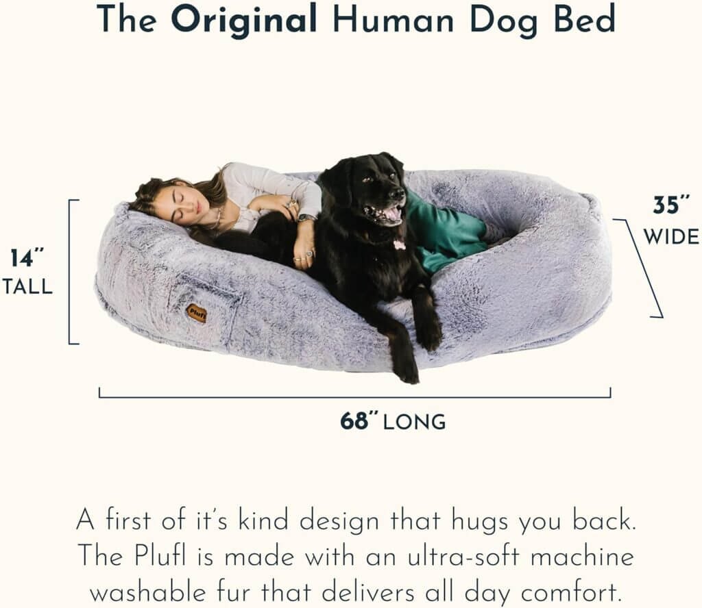 Plufl, The Original Human Dog Bed for Adults, Kids, and Pets. As Seen on Shark Tank. Comfy Plush Large Bean Bag with Memory Foam, Machine Washable, and Durable. Perfect nap and Floor Bed Black