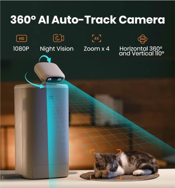 Automatic Cat Feeder with Camera, HHOLOVE O Sitter 1080P HD Pet Camera with Cat Food Dispenser, 5G WiFi with APP Control for Remote Feeding, Night Vision, Laser, AI 24H Life Record