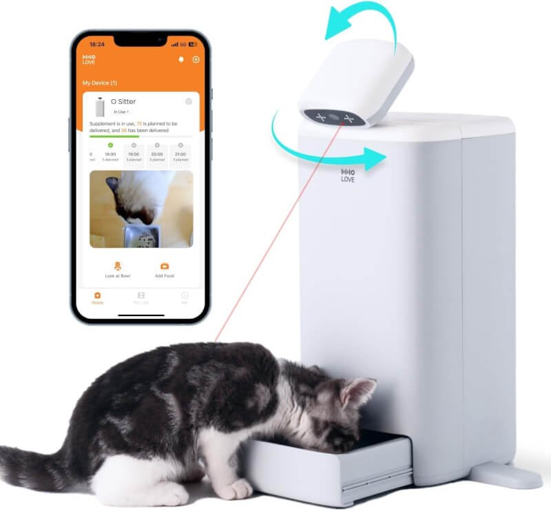 Automatic Cat Feeder with Camera, HHOLOVE O Sitter 1080P HD Pet Camera with Cat Food Dispenser, 5G WiFi with APP Control for Remote Feeding, Night Vision, Laser, AI 24H Life Record