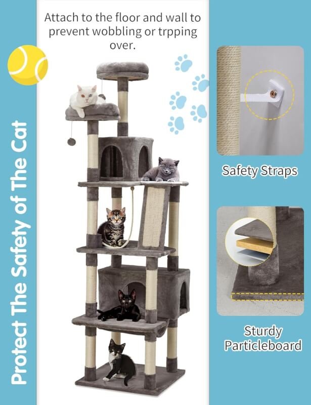 Cat Tree,79in Cat Tree Tower for Indoor Cats,Cat Tree Condo Furniture with Sisal-Covered Scratching Posts,Perch Hammock for Kittens,2 Bigger Plush Condos, Large Cats and Pets Light Gray