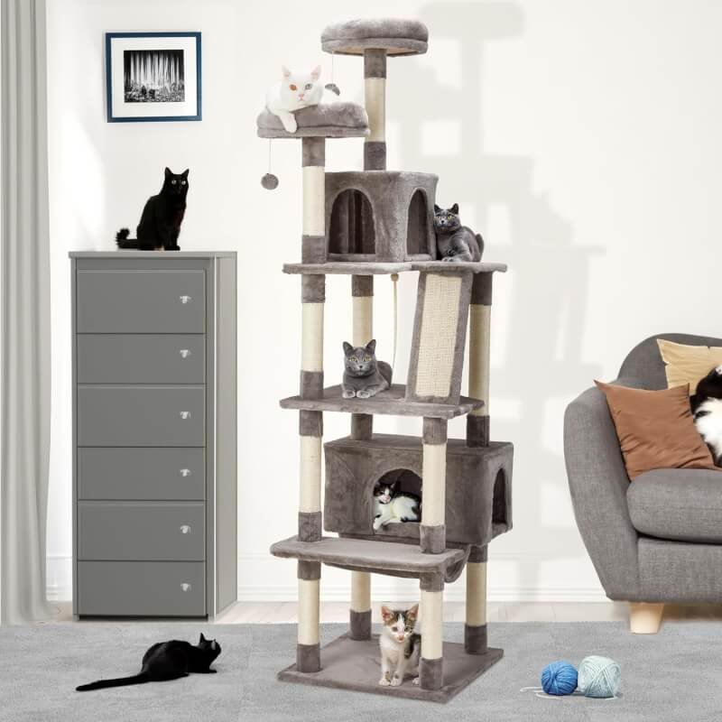 Cat Tree,79in Cat Tree Tower for Indoor Cats,Cat Tree Condo Furniture with Sisal-Covered Scratching Posts,Perch Hammock for Kittens,2 Bigger Plush Condos, Large Cats and Pets Light Gray