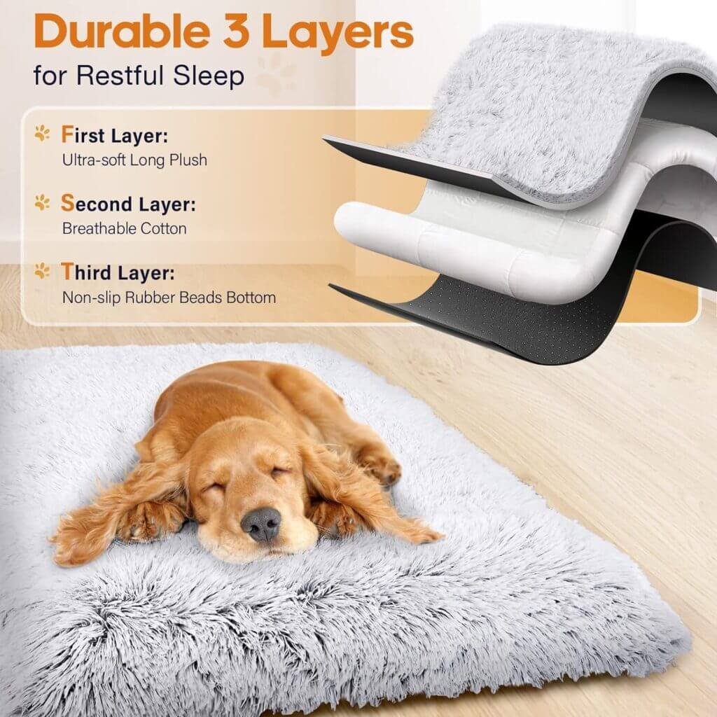 Dog Beds for Large Dogs - Luxurious Soft Plush Anti-Slip Pet Beds, Washable Dog Crate Pad Mat for Calming Sleep, Upgrade 3 Layers Padding, Soft but Supportive L