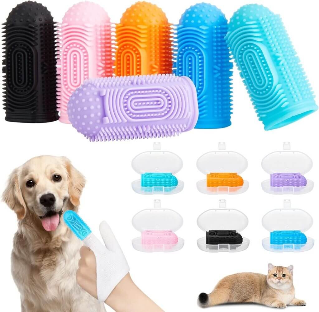 Dog Toothbrush 6 Pack+ 6 Storage Boxes + 2 Gloves - 360º Dog Tooth Brushing Kit - 100% BPA-Free - 3/4 in Diameter Opening - Soft and Elastic - Ideal for Pups, Kittens, and Petite Pets (6 Pack)