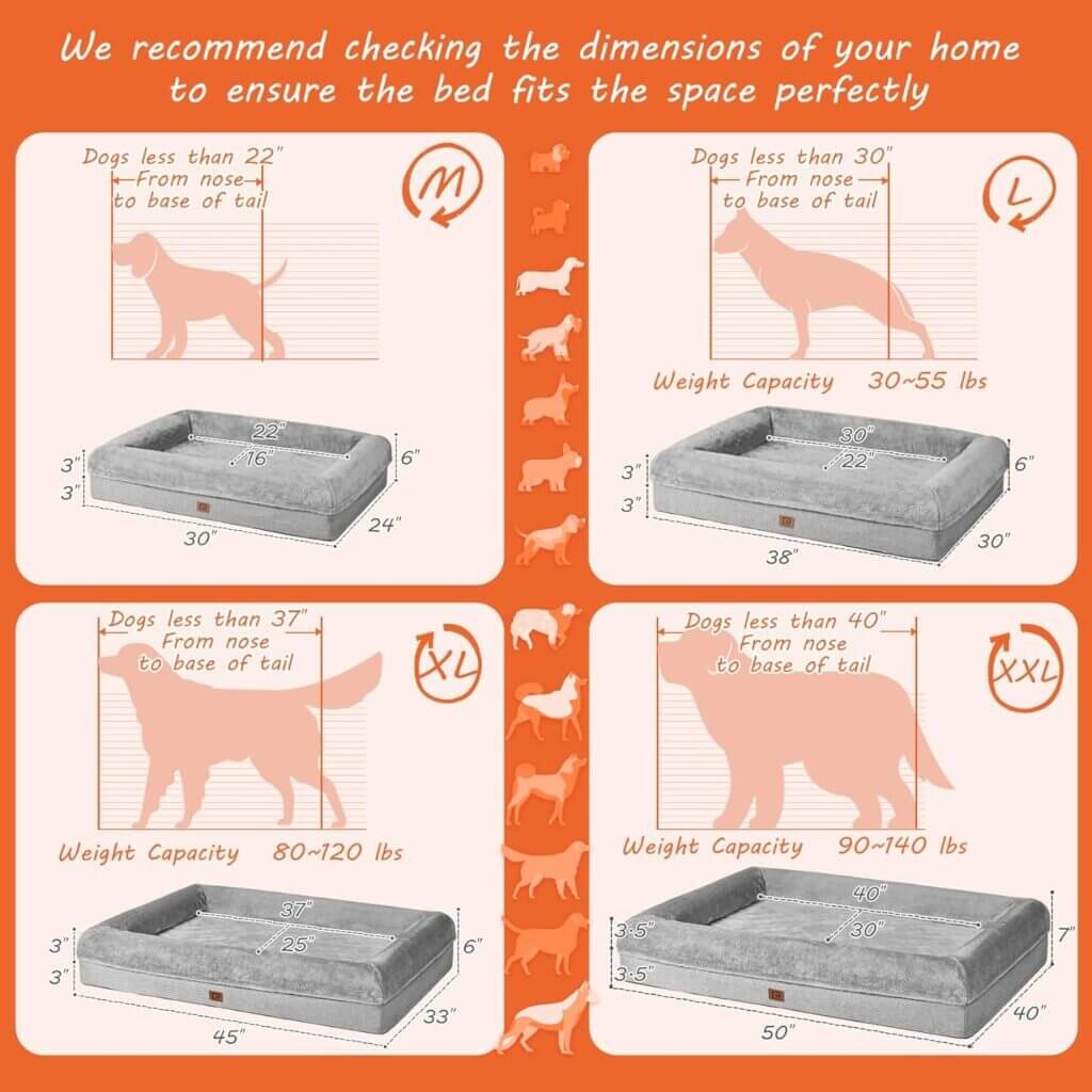 EHEYCIGA Memory Foam Orthopedic Dog Beds for Jumbo Dogs with 100% Foam Bolsters, Grey, 50x40