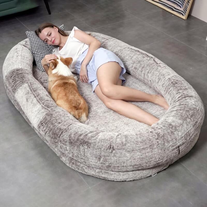 Etstod Human Dog Bed for People Adults, Large Elliptical Bean Bag Bed (72x48x10) with Washable Fuax Fur and Orthopedic Mattress for Adults Kids and Pets, Gradient Brown