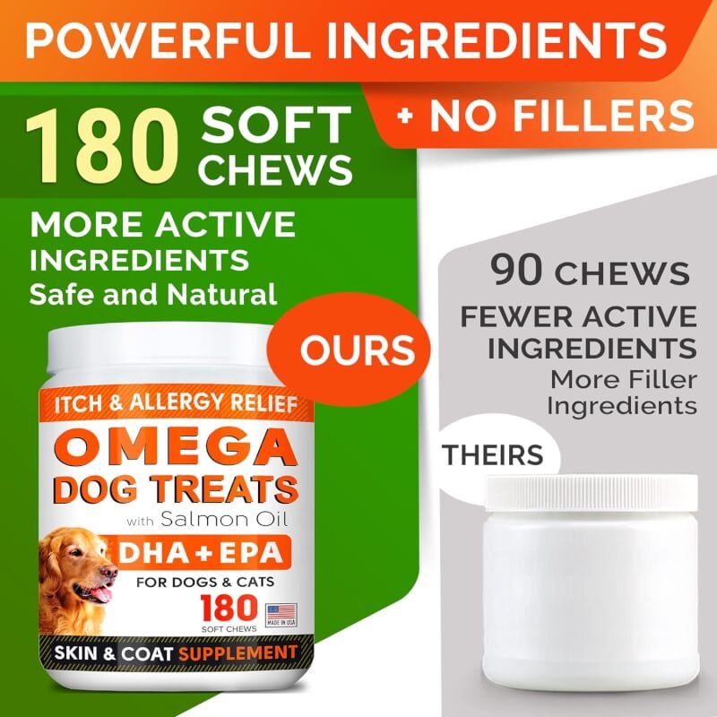 Fish Oil Omega 3 Treats for Dogs - Allergy and Itch Relief - Skin and Coat Supplement - Joint Health - Wild Alaskan Salmon Oil - Shedding, Itchy Skin Relief - Omega 3 6 9 - EPA  DHA - 180 Treats