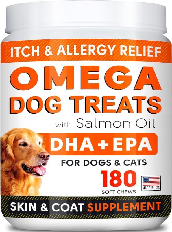 Fish Oil Omega 3 Treats for Dogs - Allergy and Itch Relief - Skin and Coat Supplement - Joint Health - Wild Alaskan Salmon Oil - Shedding, Itchy Skin Relief - Omega 3 6 9 - EPA  DHA - 180 Treats