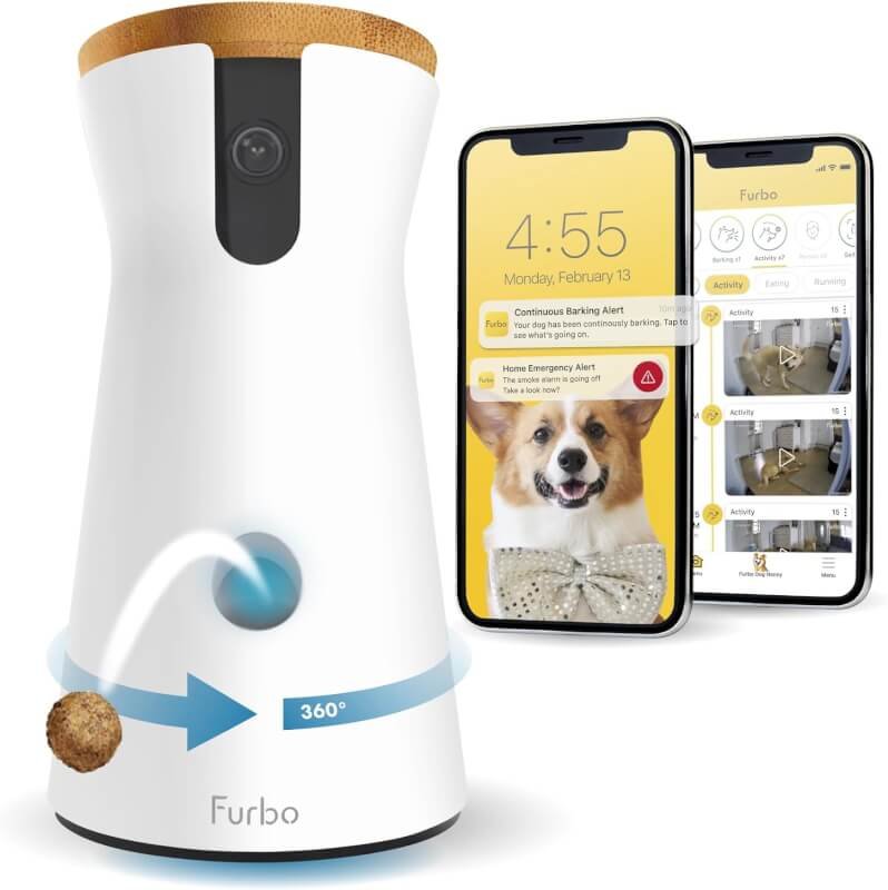 Furbo 360° Rotating Smart Dog Camera Treat Dispenser w/Subscription Required: Home Emergency Alerts w/ Phone App | 2-Way Audio, Dog Tracking  Treat Toss | Bark Detection [Premium Safety Package 2023]