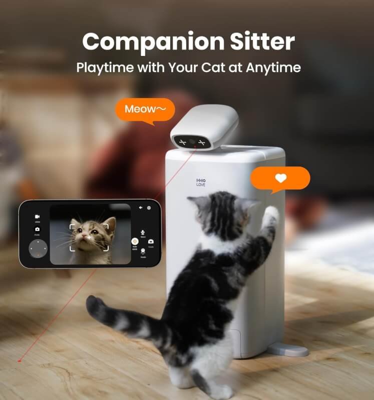 HHOLOVE 360°Cat Camera with Automatic Feeder, 1080P HD Pet Camera with Cat Food Dispenser, 5G WiFi with APP Control for Remote Feeding, 2 Way Audio, Laser, AI 24H Life Recording, Companion Robot