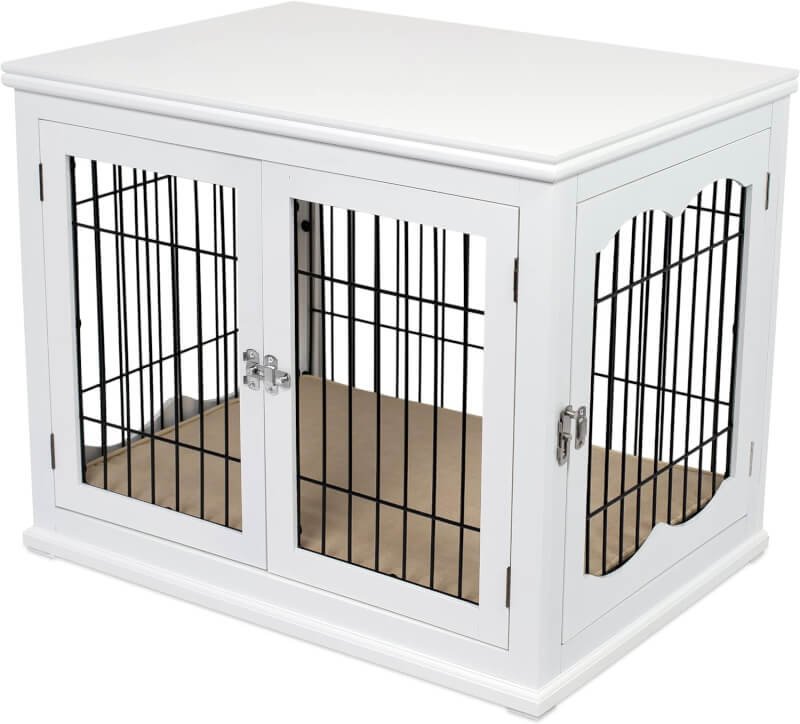Internets Best Decorative Dog Kennel with Pet Bed | Small | Fits Small Dogs | Double Door | Indoor Pet Crate Engineered Wood  Wire Furniture House for Dogs| Side Table | Nightstand – White