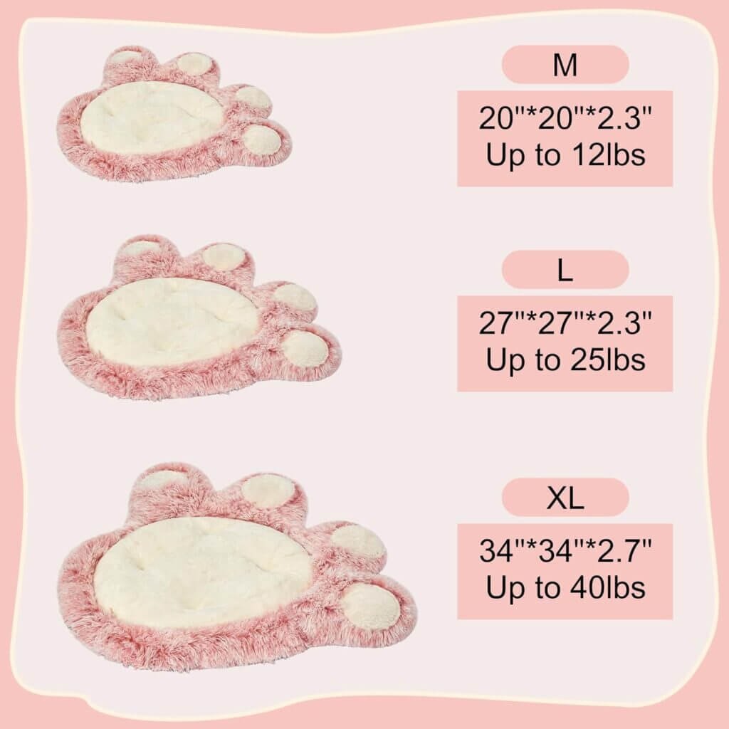 Jiupety Soft Pet Bed Mat Paw Shaped Dog Bed, Washable Dog Bed Mat for Medium Small Dogs Sleeping Bed, Pink, L.