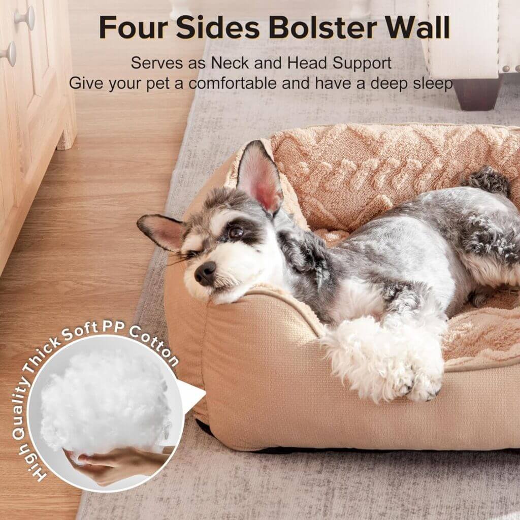 JOEJOY Small Dog Bed for Medium Small Dogs, Rectangle Washable Dog Sofa Bed, Breathable Soft Puppy Bed, Durable Pet Cuddler Bed with Anti-Slip Bottom, 25x21x8, Beige