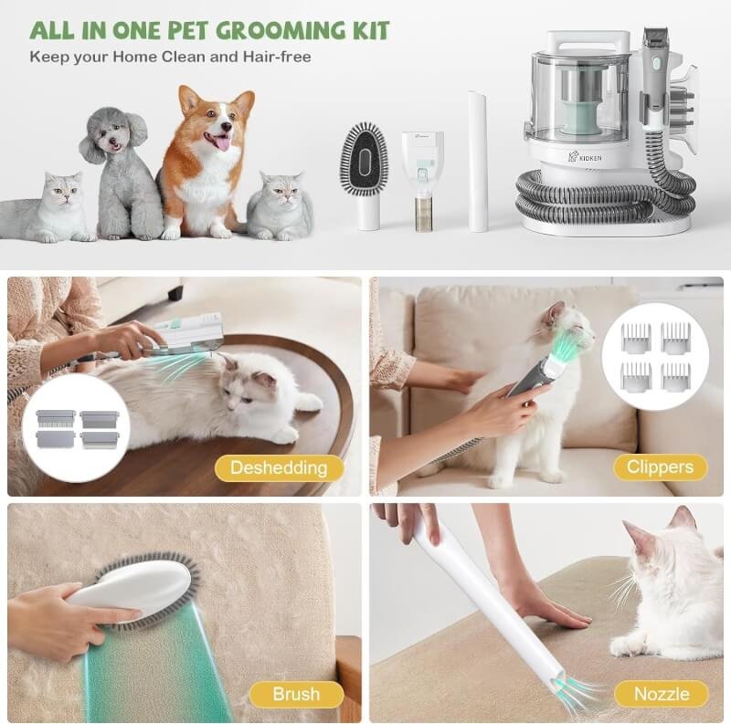Kidken Dog Grooming Kit  Dog Hair Vacuum 99% Pet Hair Suction,Quiet-Powerful Pet Grooming Vaccum,3.3L Large Capacity Dog Grooming Vacuum with 4 Proven Grooming Tools for Dogs Cats and Other Animals