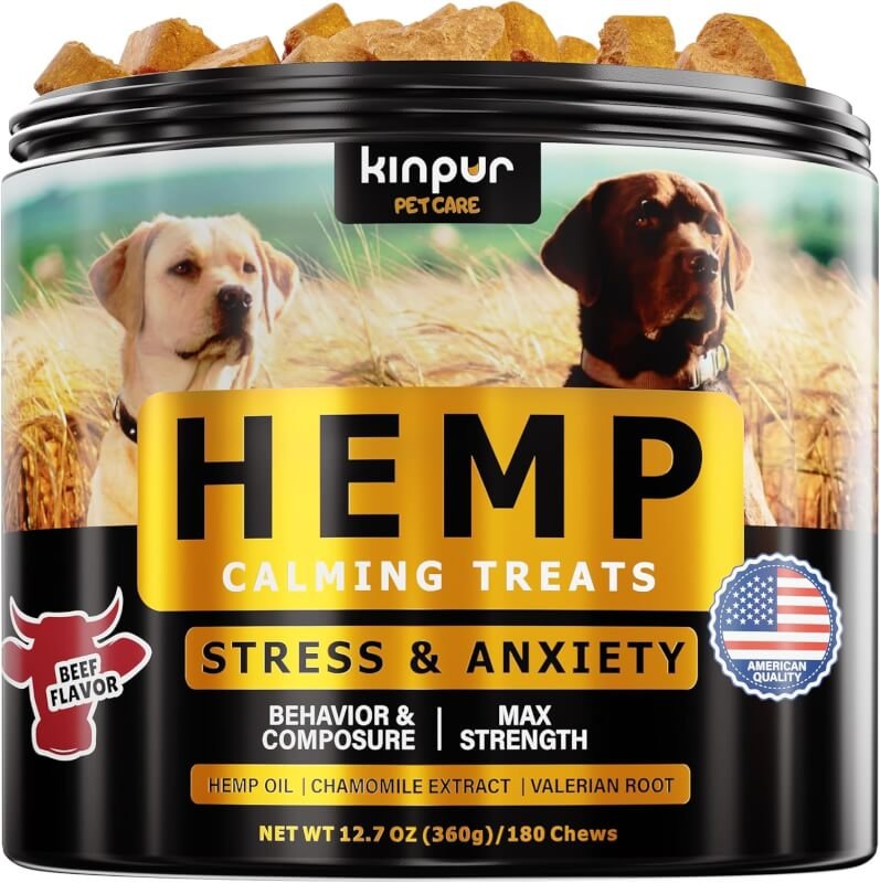 Kinpur Pet Care Calming Chews for Dogs with Hemp Oil - Aid During Thunderstorms, Separation, Car Rides - Hip and Joint Health - Tasty Dog Calming Treats with Beef Flavor, 180 Chews
