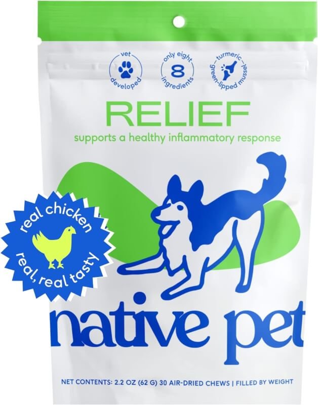 Native Pet Relief - Anti Inflammatory for Dogs | Turmeric + Polyphenols + Green Lipped Mussels for Dogs | Natural Relief for Dogs | Best Dog Arthritis Supplement  Dog Joint Pain Relief | 30 Chews