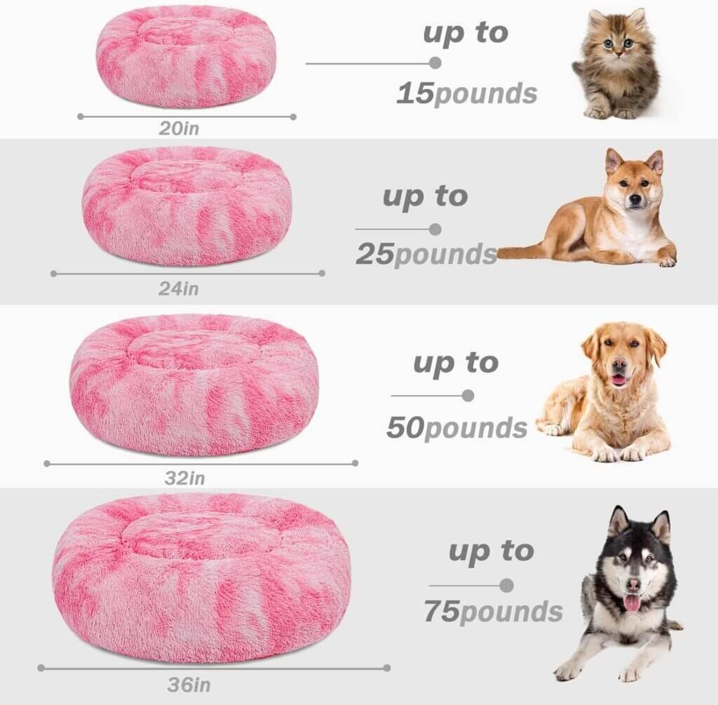 Patas Lague Calming Dog Bed for Small Dogs, Fluffy Soft Cozy Cat Bed, Faux Fur Anti-Anxiety Plush Donut Cuddler, Washable Warm Pet Bed for Winter (20 in, Mixed Rainbow)