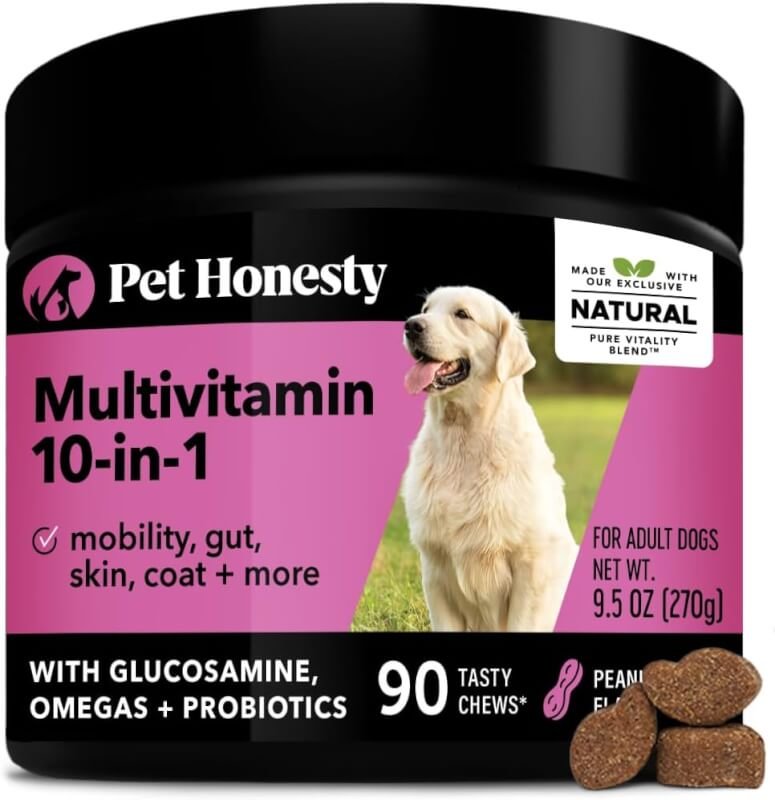 Pet Honesty Dog Multivitamin - 10 in 1 Dog Vitamins for Health  Heart - Fish Oil, Glucosamine, Probiotics, Omega Fish Oil - Dog Vitamins and Supplements for Skin and Coat (Peanut Butter 90 ct)