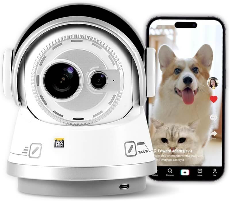 PICKFUN Auto Vlogmaker, Ai Dog Camera with Phone App, 5g WiFi Pet Camera with Nighttime Privacy Shield, 1080p HD Cam,2 Way Audio, 350° Rotating View for Dog  Cat,No Monthly Fee (Silver)