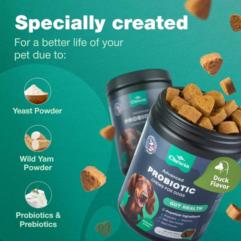 Probiotics for Dogs - Support Gut Health, Immunity, Yeast Balance, Itchy Skin, Allergies - Dog Probiotics and Digestive Enzymes for Small, Medium and Large Dogs - 180 Probiotic Chews for Dogs, Duck