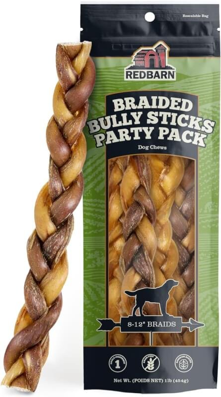 Redbarn All Natural 8-12” Braided Bully Sticks for Medium  Large Dogs - Healthy Long Lasting Chews Variety Party Pack - 100% Beef Single Ingredient Low Odor Rawhide Free Dental Treats - 1 lb. Bag