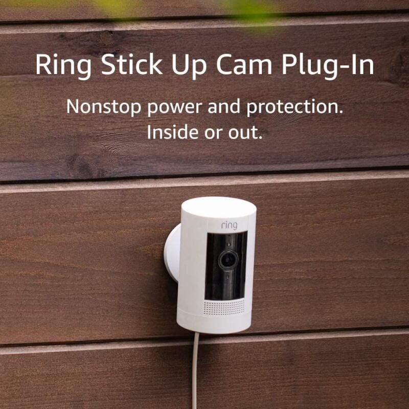 Ring Stick Up Cam Plug-In HD security camera with two-way talk, Works with Alexa – White – 4-Pack