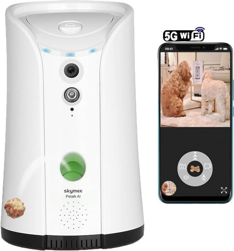SKYMEE Dog Camera Treat Dispenser, 2.4G5G WiFi Remote Pet Camera with Two-Way Audio and Night Vision, Compatible with Alexa
