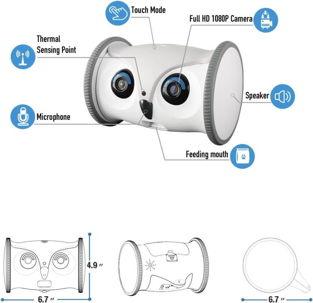 SKYMEE Owl Robot: Movable Full HD Pet Camera with Treat Dispenser, Interactive Toy for Dogs and Cats, Mobile Control via App