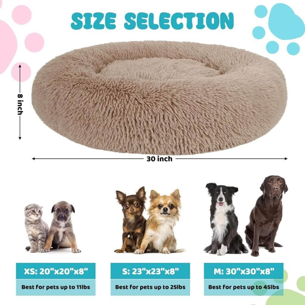 Small Dog Bed, Anti-Anxiety Calming Dog Bed, Warming Cozy Soft Donut Dog Bed, Fluffy Faux Fur Plush Dog Bed for Small Dogs and Cats, Machine Washable.(Gray, 23x23in)