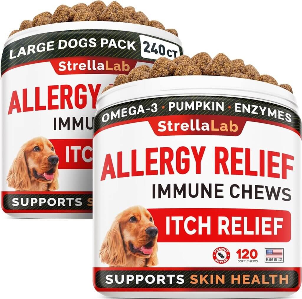 STRELLALAB Dog Allergy Relief — Dog Itchy Skin Treatment with Omega 3  Pumpkin, Dogs Itching and Licking Treats, Dog Itch Relief Chew, Allergy Supplements, Hotspot Relief for Dogs, Anti Itch Support
