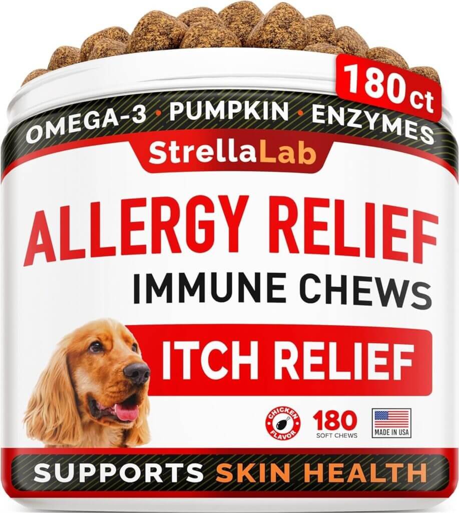STRELLALAB Dog Allergy Relief — Dog Itchy Skin Treatment with Omega 3  Pumpkin, Dogs Itching and Licking Treats, Dog Itch Relief Chew, Allergy Supplements, Hotspot Relief for Dogs, Anti Itch Support