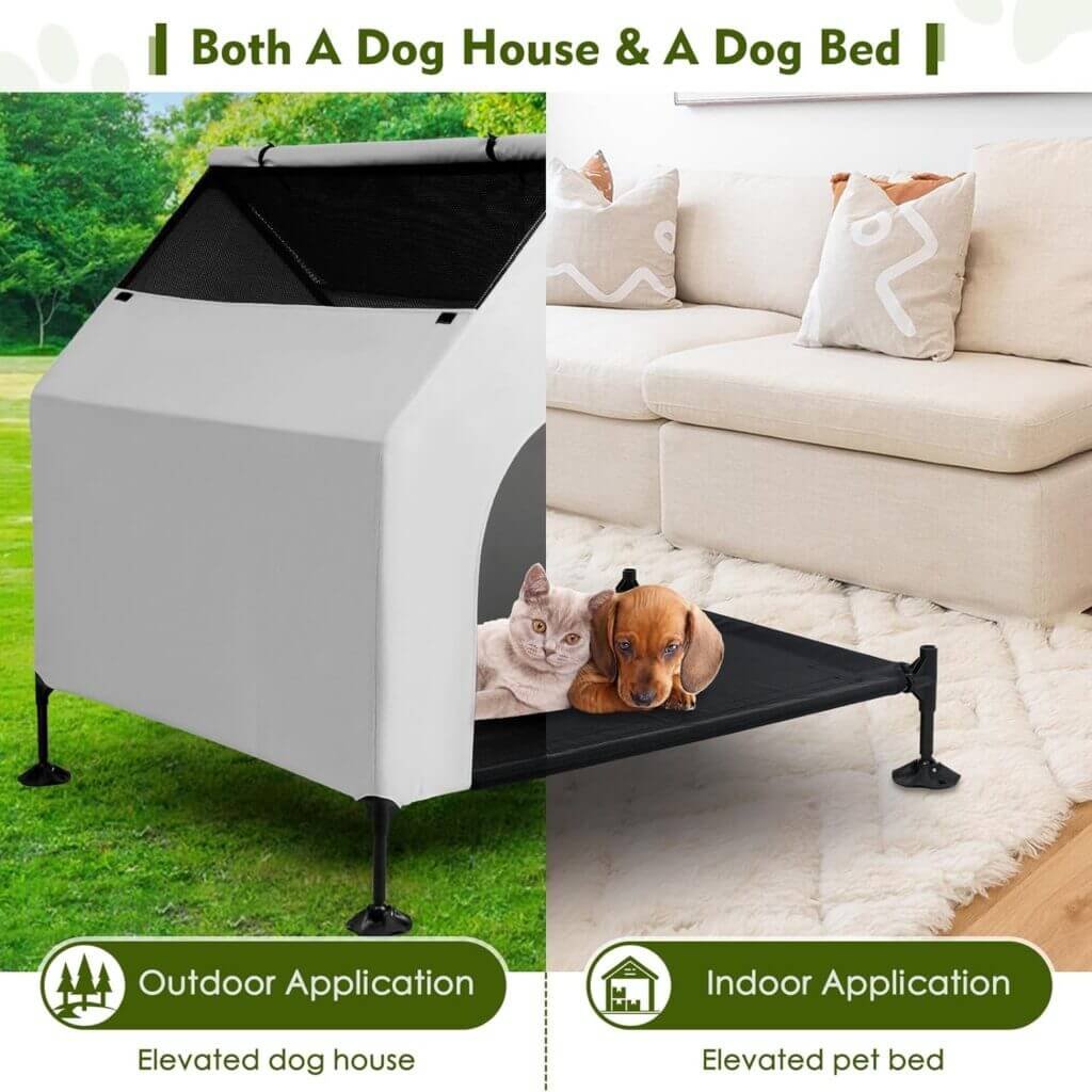 Upgraded Elevated Dog Bed with Canopy, Portable Raised Outdoor Dog Bed with Stable Anti-Slip Feet, Wider Shade Pet Bed Cot, Raised Dog Beds for Large Dogs Camping, Indoor  Outdoor Use