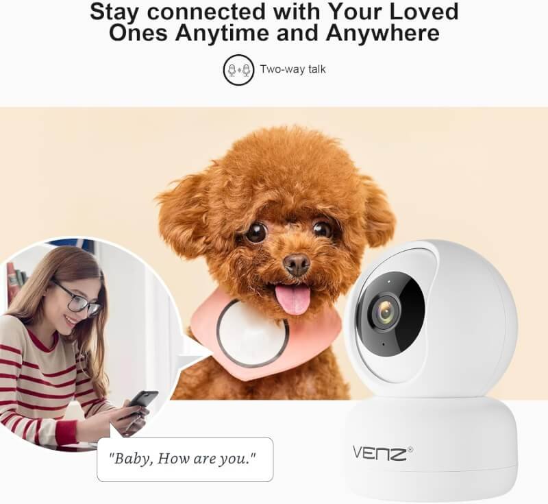 VENZ Indoor Security Camera, 1080p Pet Camera with Phone App, Ideal Indoor Camera for Baby Monitor/Dog Camera, 360° Pan/Tilt View Angel with 2 Way Audio, Cloud/SD Card, 2.4Ghz WiFi Only