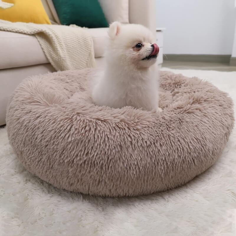 WAYIMPRESS Calming Dog Bed for Small Dog  Cat, Comfy Washable Round Plush Puppy Bed with Fluffy Faux Fur for Anti Anxiety and Cozy (20x20 Inch, Coffee)
