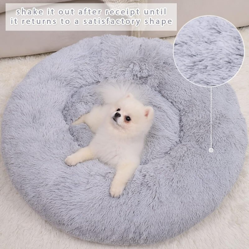 WAYIMPRESS Calming Dog Bed for Small Dog  Cat, Comfy Washable Round Plush Puppy Bed with Fluffy Faux Fur for Anti Anxiety and Cozy (20x20 Inch, Coffee)