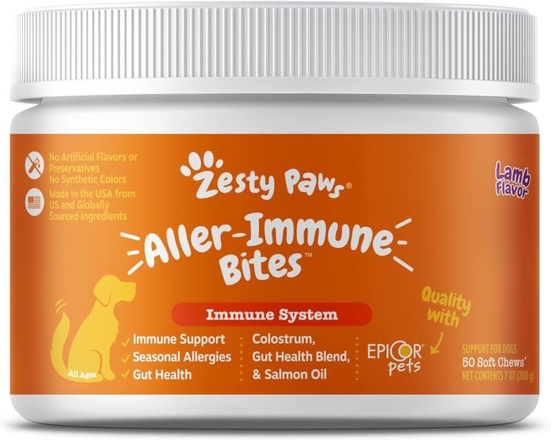 Zesty Paws Dog Allergy Relief - Anti Itch Supplement - Omega 3 Probiotics for Dogs - Salmon Oil Digestive Health - Soft Chews for Skin  Seasonal Allergies - with Epicor Pets - Lamb - 50 Count