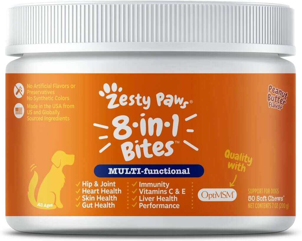 Zesty Paws Multifunctional Supplements for Dogs - Glucosamine Chondroitin for Joint Support, Probiotics for Gut  Immune Health – Omega Fish Oil with Antioxidants for Skin  Heart Health - 50 Count
