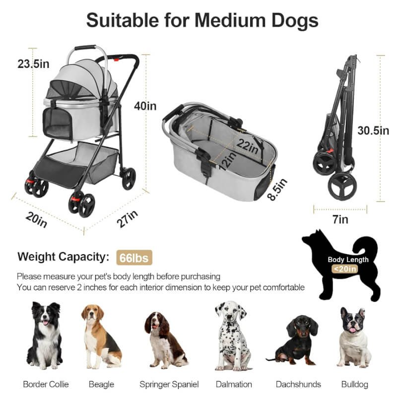 3-in-1 Dog Stroller for Small Dogs,Removable Travel Basket Pet Stroller for Car Seat,One-Click Folding Medium Cats Stroller for Injured Puppies,Kitten,Rabbit (Black)