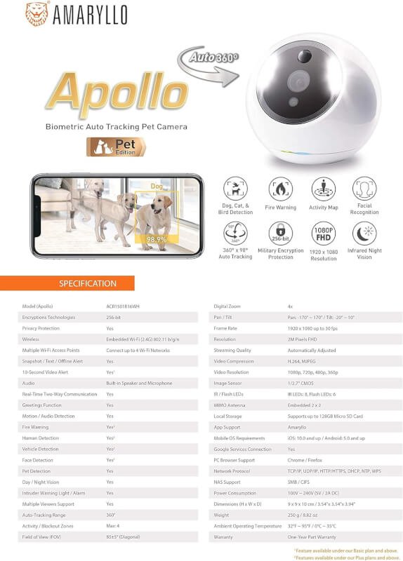 Amaryllo Apollo Pet Edition 1080p PTZ 360° Auto Tracking Pet Camera with Night Vision, 256-bit Military Grade Encryption, Pet Detection, Unlimited Cloud Storage Support