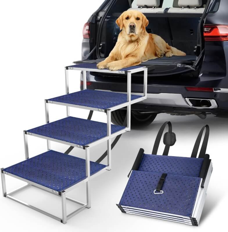 GREENBOX Extra Wide Dog Car Stairs for Large Dogs, Foldable Aluminum Lightweight Steps Car, Truck and SUV with Non-slip Portable Pet Suitable Old Dogs  Cats, 5 Supports 250 lbs, Blue, PR-1