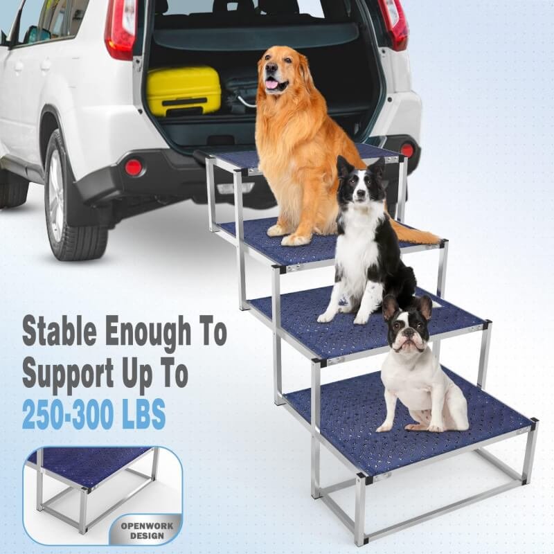 GREENBOX Extra Wide Dog Car Stairs for Large Dogs, Foldable Aluminum Lightweight Steps Car, Truck and SUV with Non-slip Portable Pet Suitable Old Dogs  Cats, 5 Supports 250 lbs, Blue, PR-1