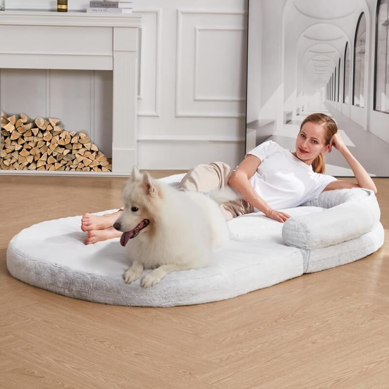 Human Dog Bed - 71x43x9.85 for Humans Size Fits Adult  Large Dogs, Foldable Faux Fur Washable Human Dog Bed for People Doze Off Napping, Orthopedic Dog Beds, Present Plump Pillow, Blanket, Grey