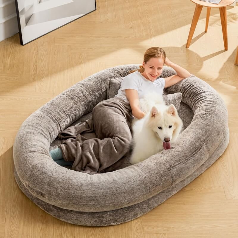 Human Dog Bed - 71x43x9.85 for Humans Size Fits Adult  Large Dogs, Foldable Faux Fur Washable Human Dog Bed for People Doze Off Napping, Orthopedic Dog Beds, Present Plump Pillow, Blanket, Grey