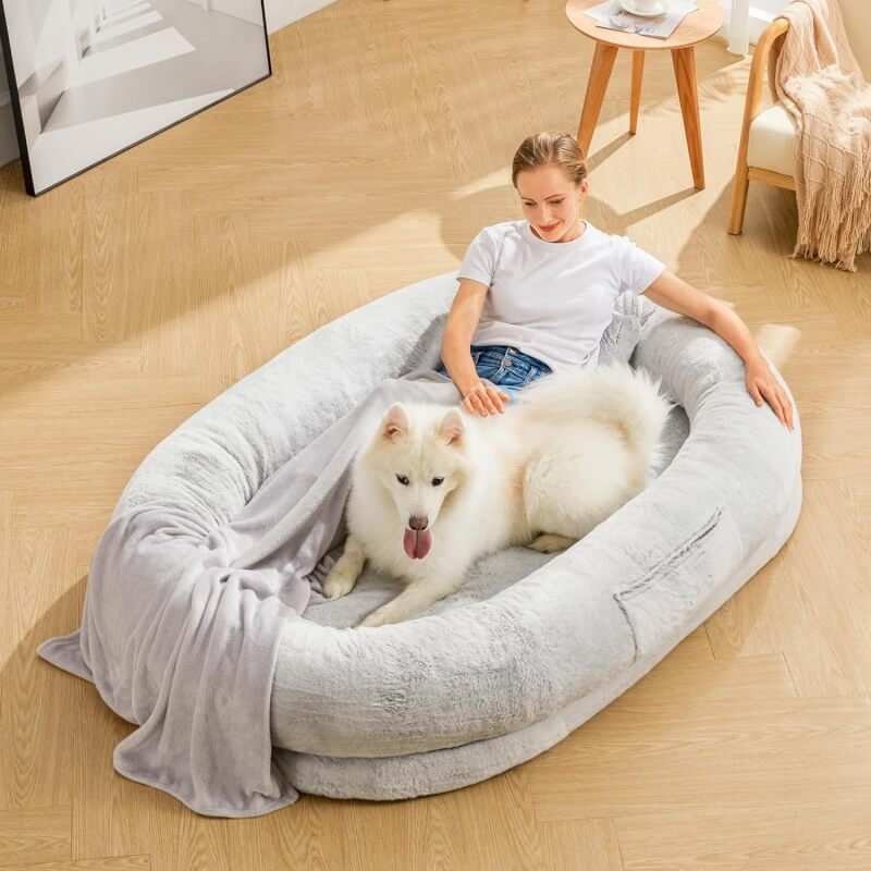 Human Dog Bed - 71x47x12.5 Dog Bed for Humans Size Fits You and Pets, Washable Faux Fur Large Human Dog Bed for People Doze Off, Napping, Orthopedic Dog Bed, Present Plump Pillow, Blanket, Grey