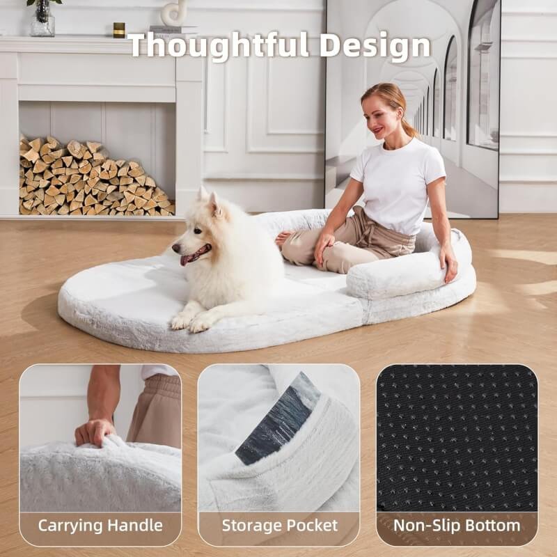 Human Dog Bed - 71x47x12.5 Dog Bed for Humans Size Fits You and Pets, Washable Faux Fur Large Human Dog Bed for People Doze Off, Napping, Orthopedic Dog Bed, Present Plump Pillow, Blanket, Grey