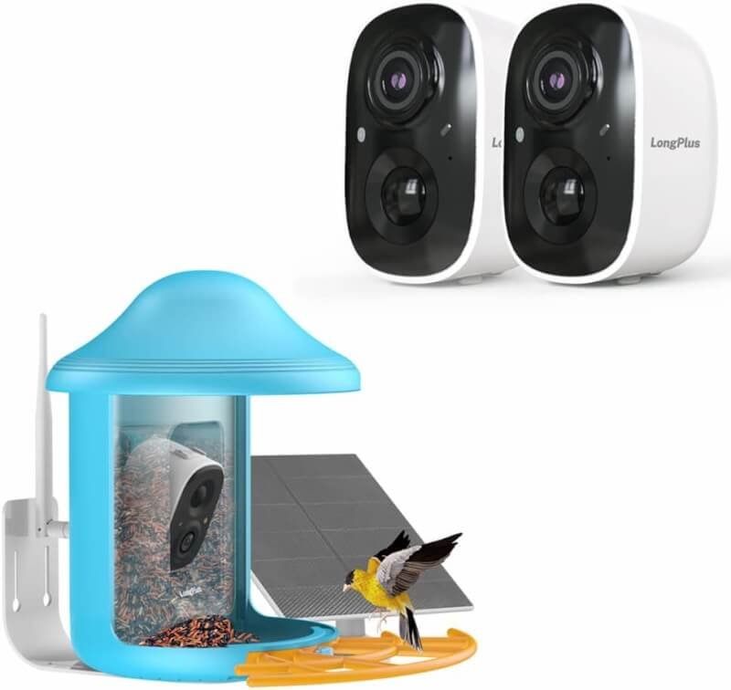 LongPlus Smart AI Bird Feeder Camera, Bird Watching Camera with Identify 11000+ Bird Species, Auto Motion Detection Notify, 2 Way Audio, Color Night Vision, 2L Large Container