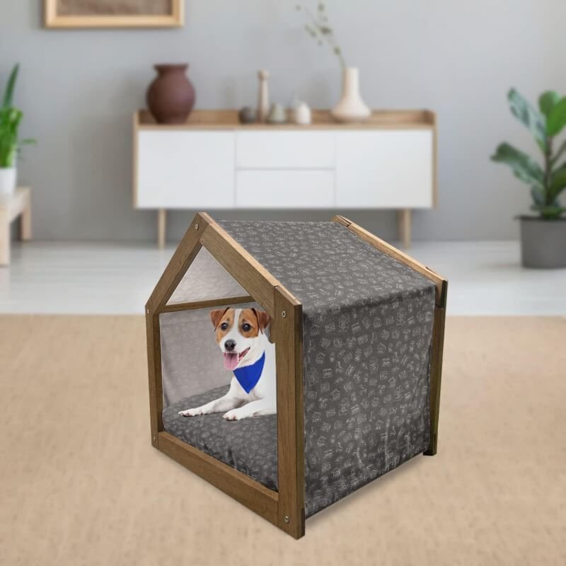 Lunarable Typewriter Wooden Pet House, Chalky Old Tech Juke Box Radio Roller Skates and Vinyl Record Player, Outdoor  Indoor Portable Dog Kennel with Pillow and Cover, Small, Charcoal Grey White