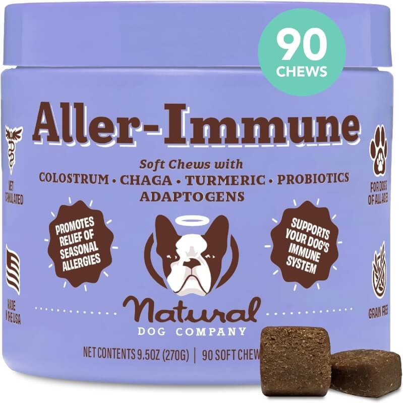 Natural Dog Company Aller-Immune Chews (90 Pieces), Salmon Flavor, with Canine-Specific Probiotics, Allergy Immune Supplement for Dogs of All Ages, Sizes  Breeds, Boosts Immune System