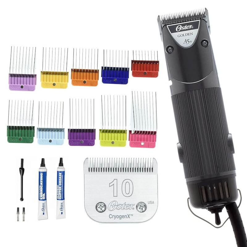 Oster Golden A5 Animal Pet 2-Speed Hair Clipper with Detachable CryogenX Size 10 Blade 10-Piece Stainless Steel Pet Clipper Guide Comb Kit (078936-100-000)